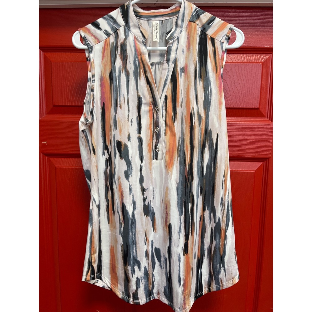 PerSeption Concept Sleeveless Abstract Print Blouse Orange Grey Large